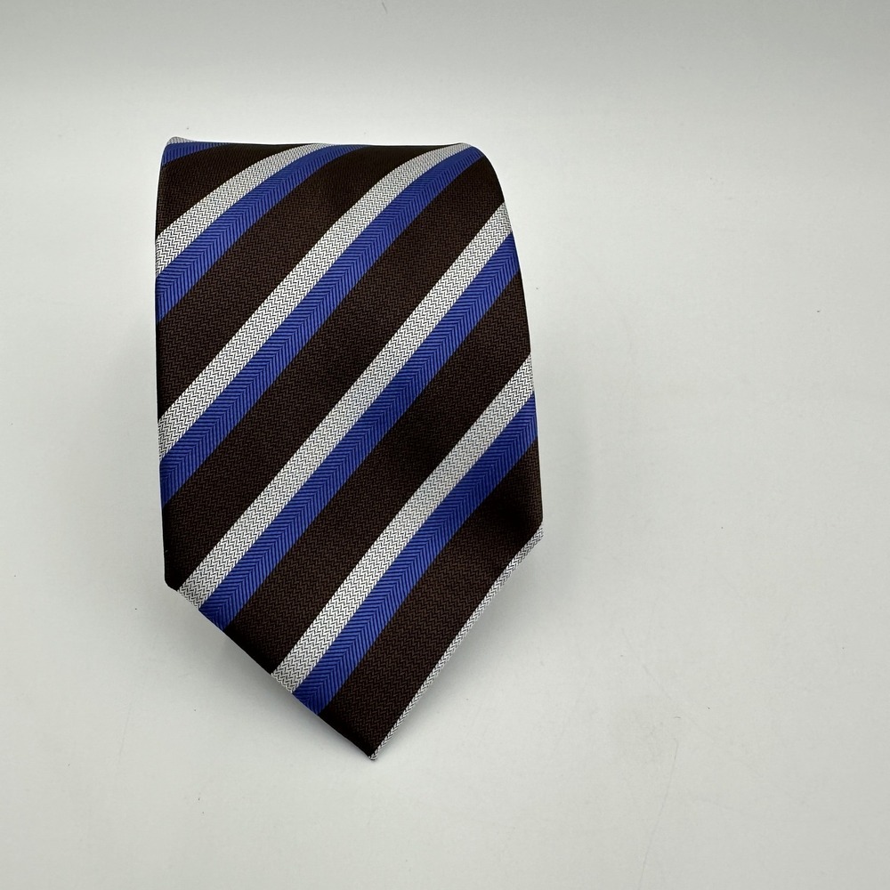 Laurant Bennet Milano Tie Men Brown Blue Silver Striped Microfiber